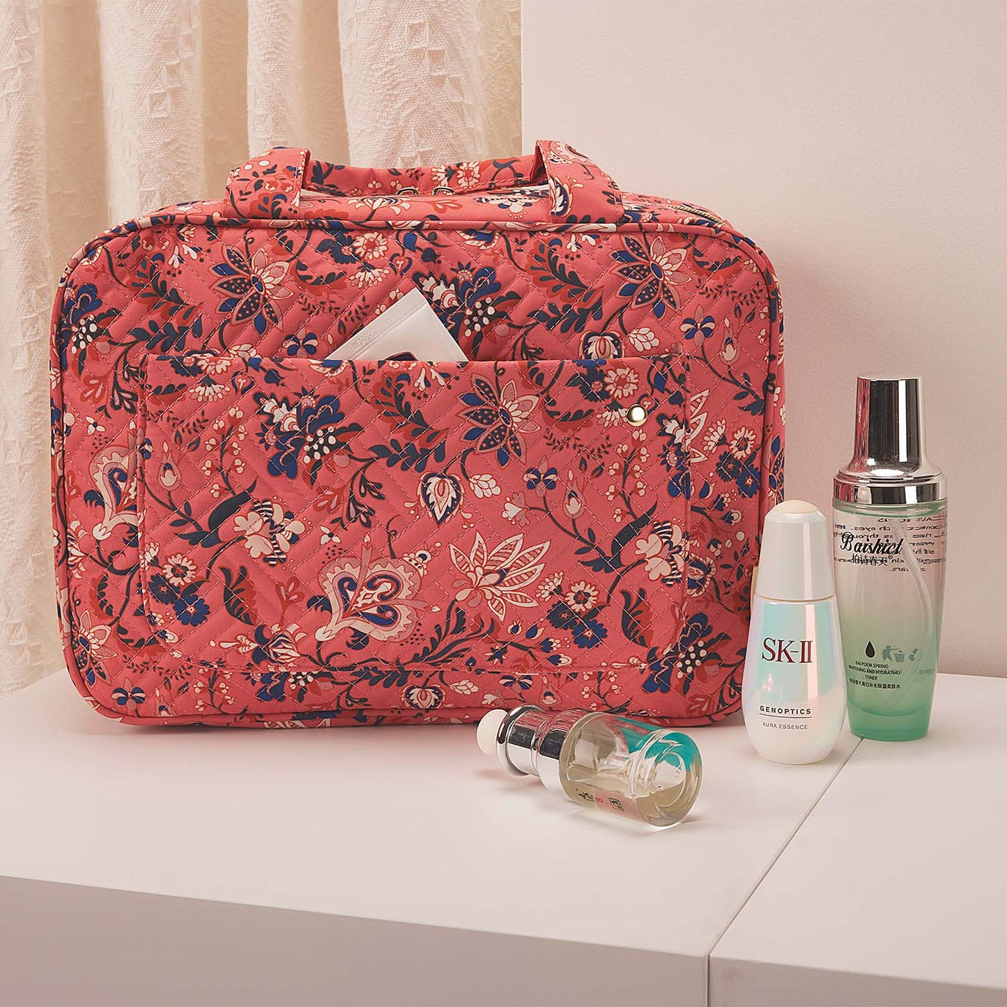 Waterdichte Toilettas met Bloemenprint – Opvouwbaar & Meerdere Compartimenten