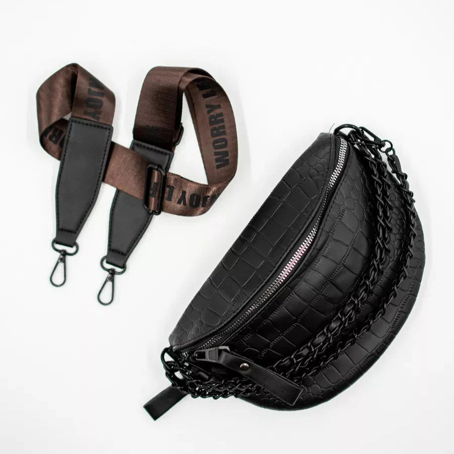 Trendy Crossbody Heuptas – Zwarte Schoudertas met Gevlochten Detail & Verstelbare Band