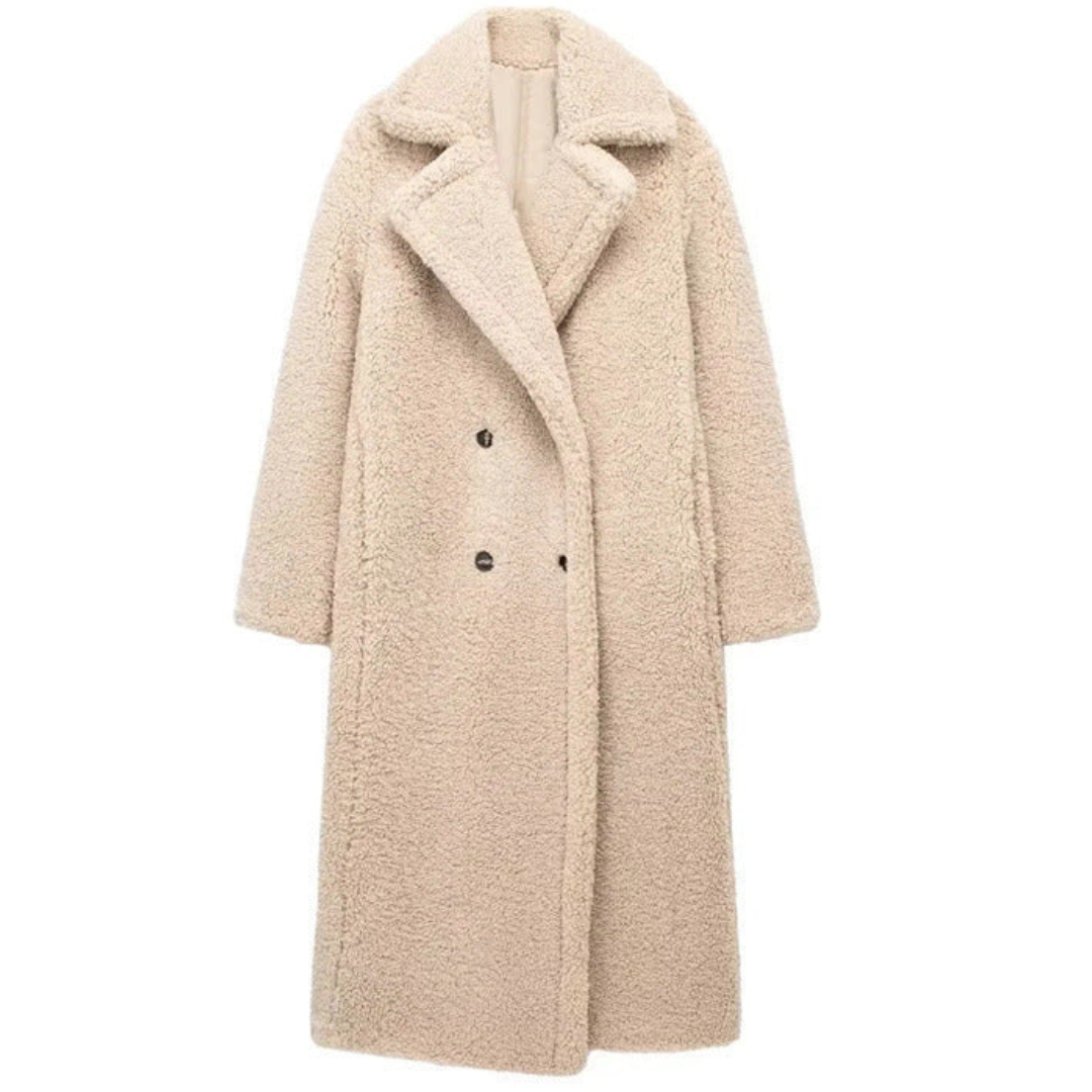 Dames Lange Mantel - Teddy Stof - Oversized Pasvorm - Dubbelrijige Sluiting