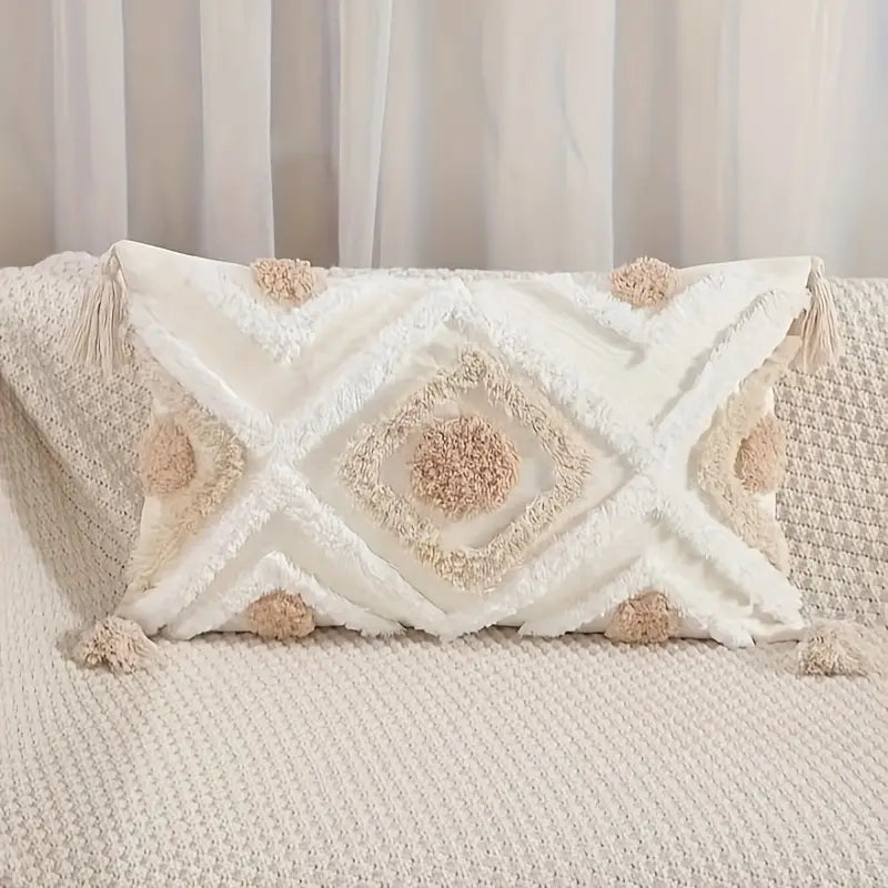 Boho Sierkussen met Patronen en Franjes – Decoratief Kussen in Beige