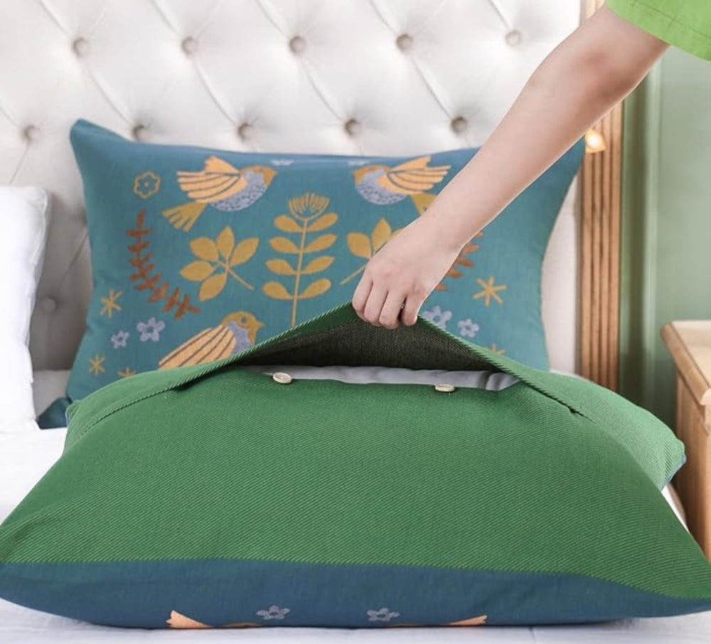 Sierkussenhoes Rechthoekig – Groen Met Geborduurde Vogels en Bloemen – 30x50 cm