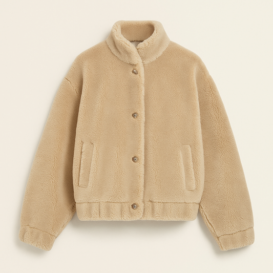Dames Teddy Bomber Jas – Beige Winterjas van Zachte Fleece