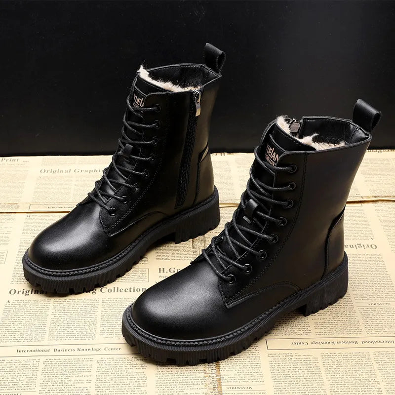Dames Veterlaarzen met Warme Bontvoering – Zwarte Winterboots
