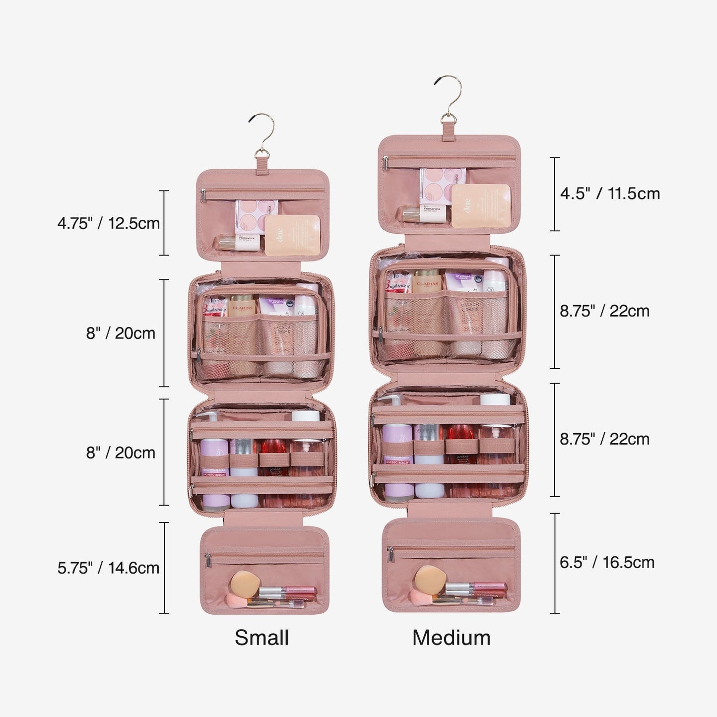 Lichtroze Hangende Toilettas met Gewatteerd Design – Organizer met Transparante Vakken & Haak