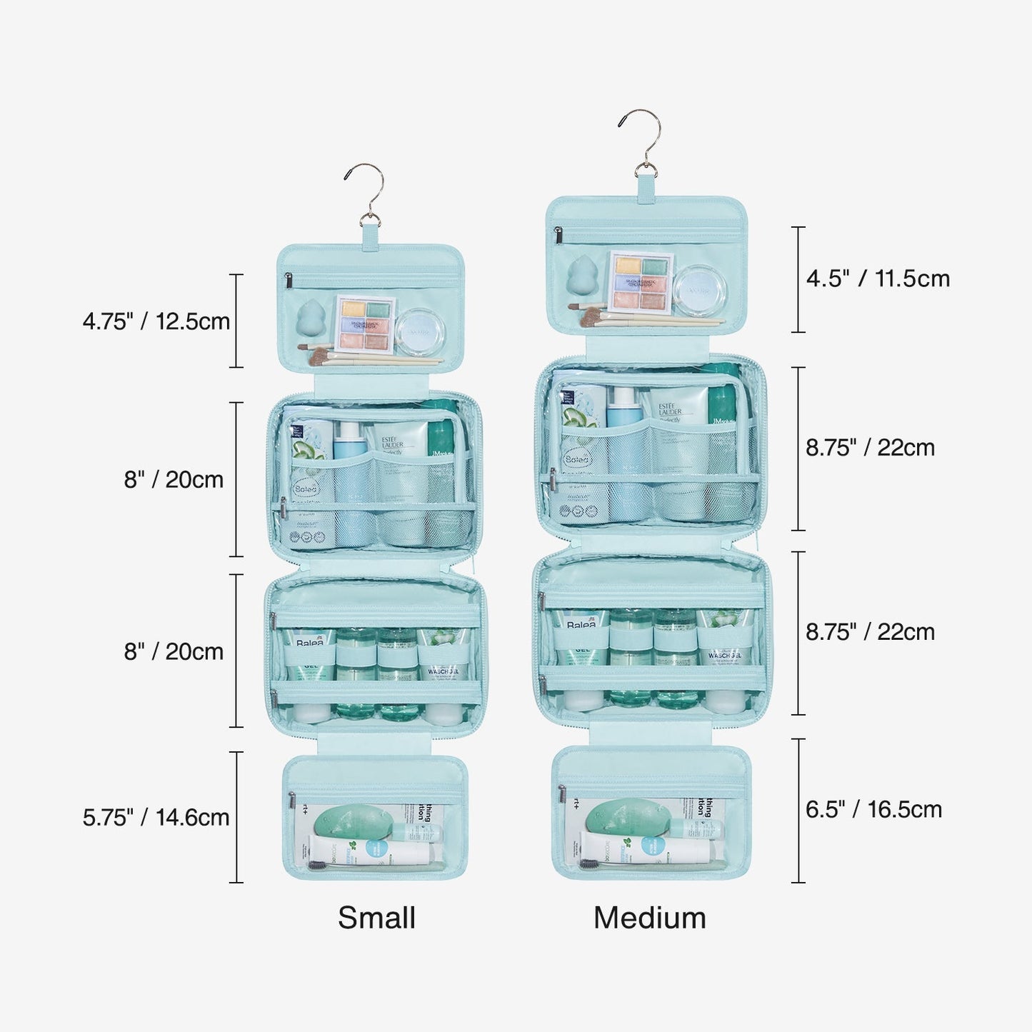 Lichtroze Hangende Toilettas met Gewatteerd Design – Organizer met Transparante Vakken & Haak