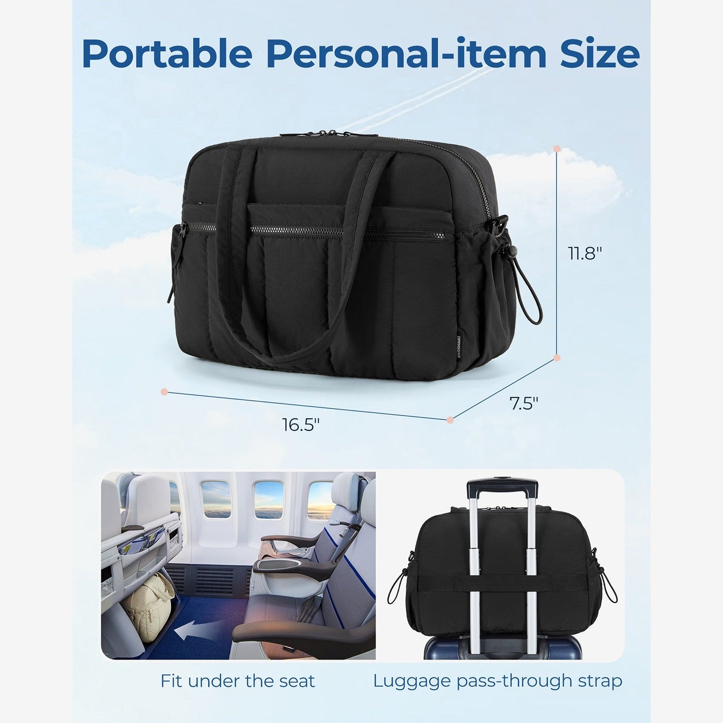 Zwarte Reistas voor Handbagage – Lichtgewicht & Waterafstotend met Trolley-strap & PVC-vak – Ideaal voor Reizen & Gym