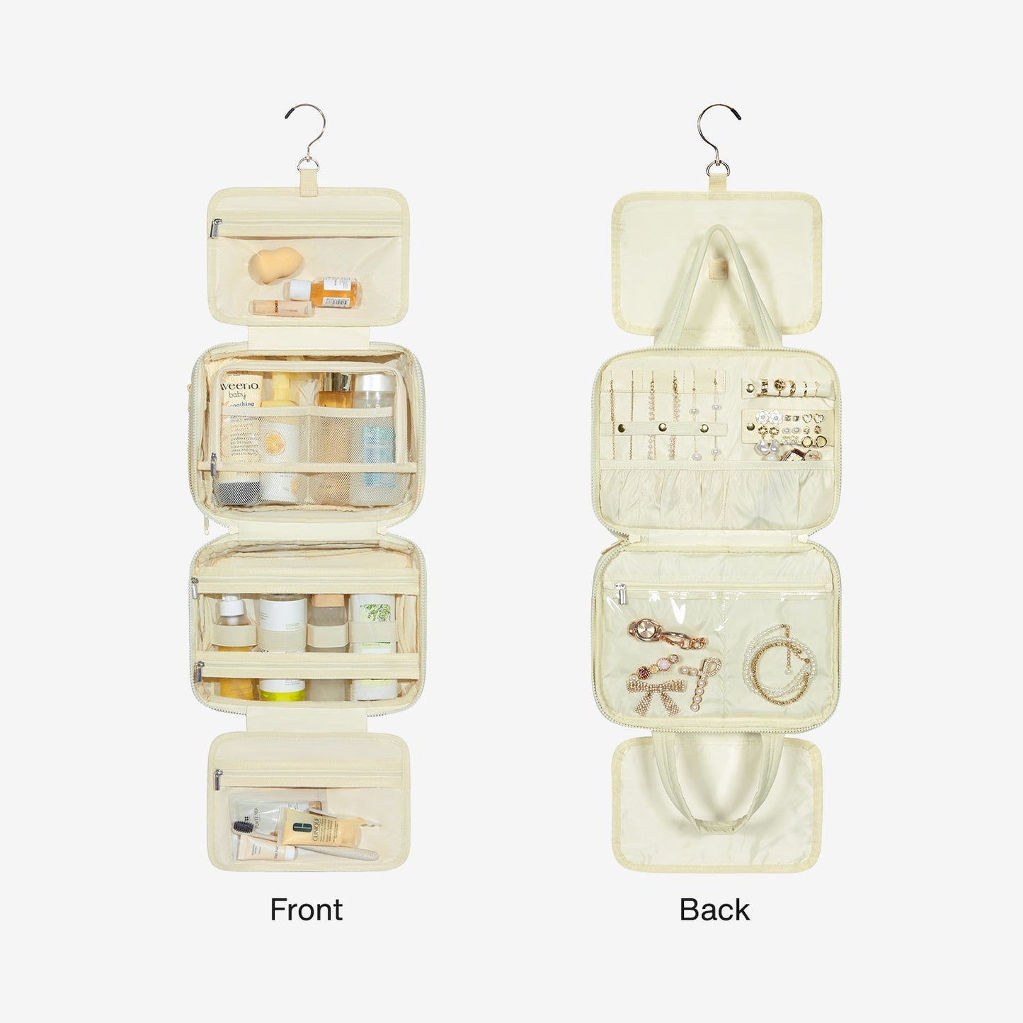 Lichtroze Hangende Toilettas met Gewatteerd Design – Organizer met Transparante Vakken & Haak