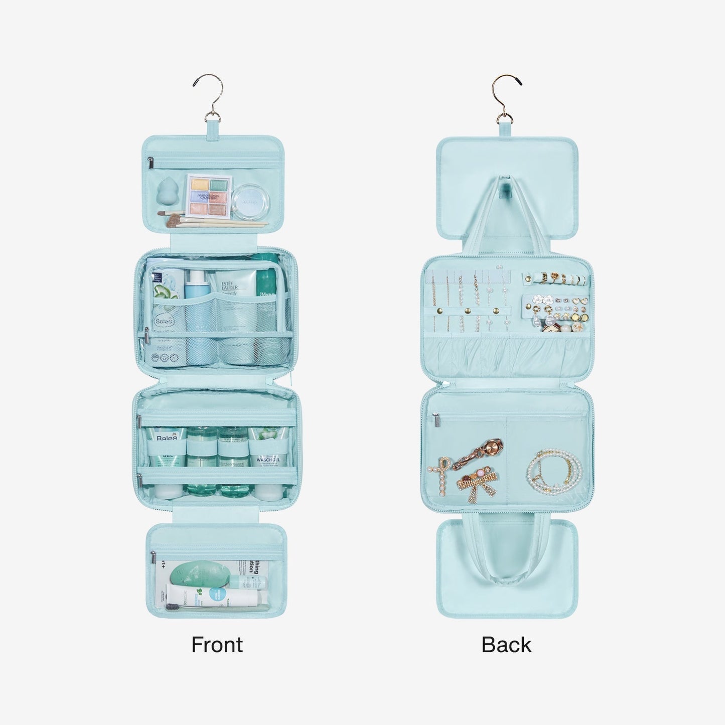 Lichtroze Hangende Toilettas met Gewatteerd Design – Organizer met Transparante Vakken & Haak