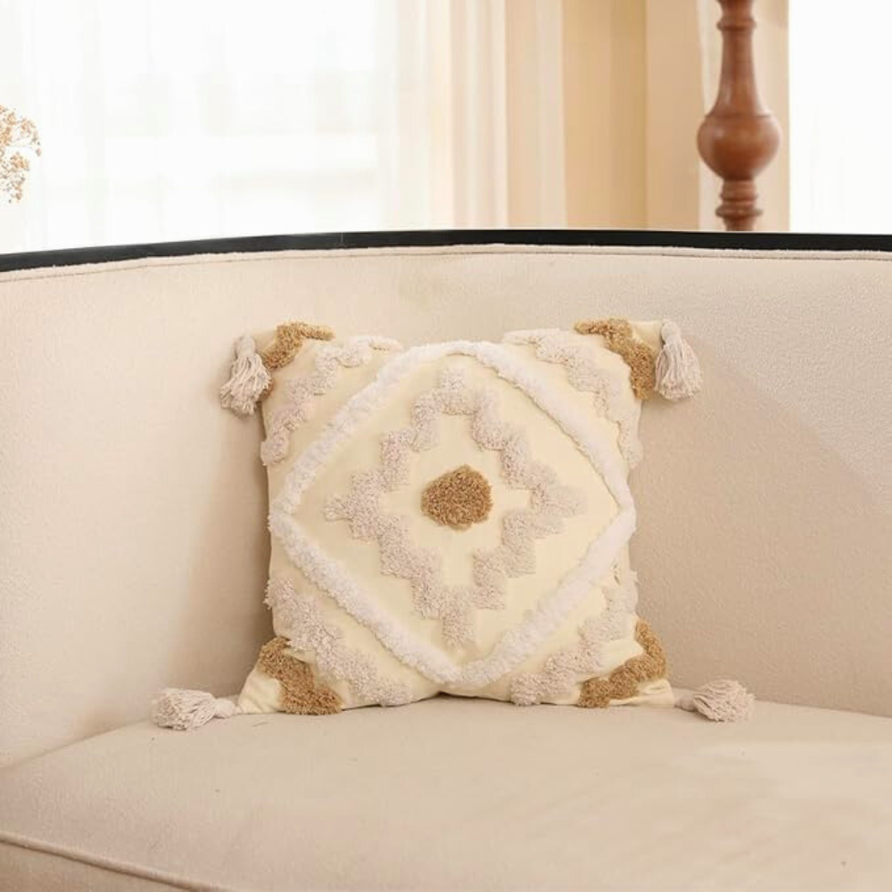 Boho Sierkussen met Patronen en Franjes – Decoratief Kussen in Beige