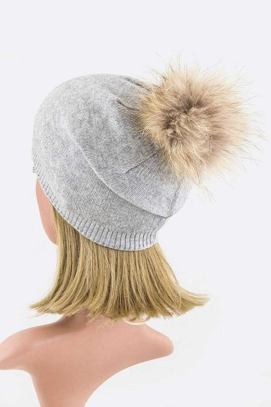 Wol-Cashmere Muts met Afneembare Bont Pompon