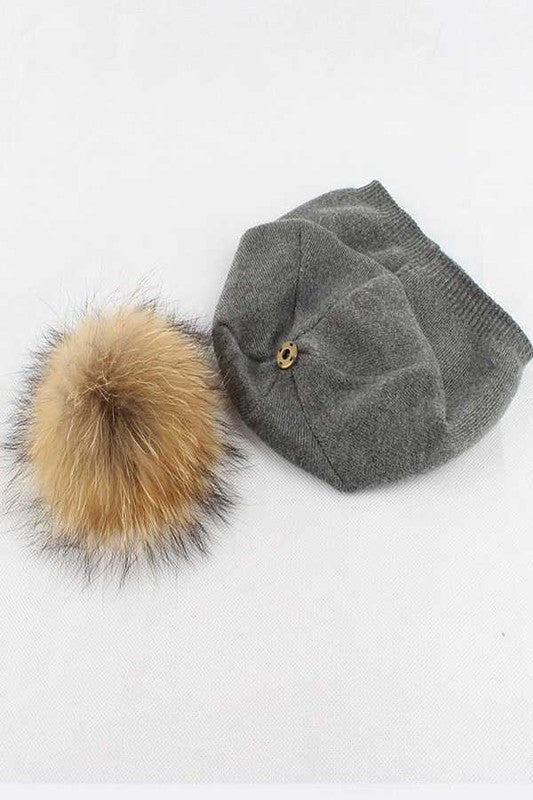 Wol-Cashmere Muts met Afneembare Bont Pompon