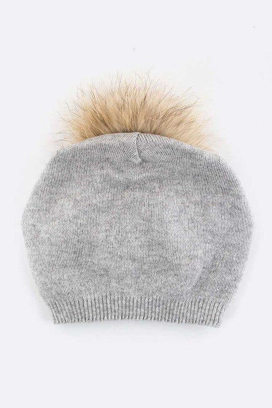 Wol-Cashmere Muts met Afneembare Bont Pompon