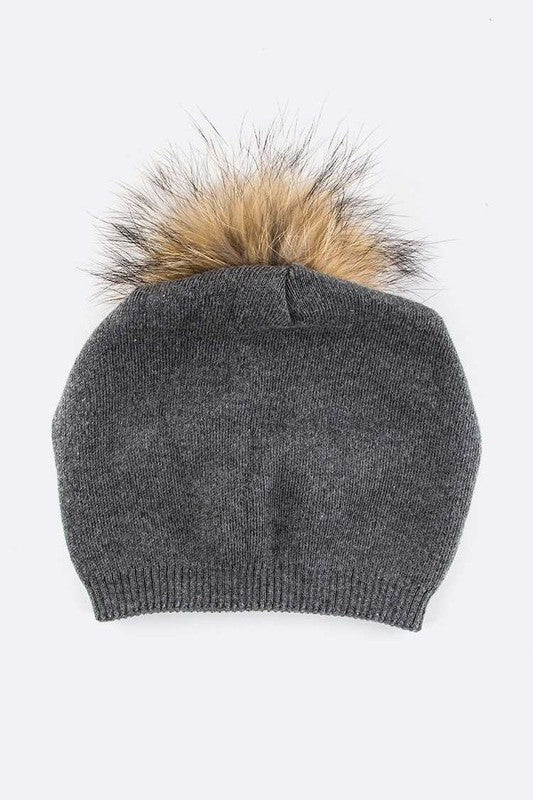 Wol-Cashmere Muts met Afneembare Bont Pompon
