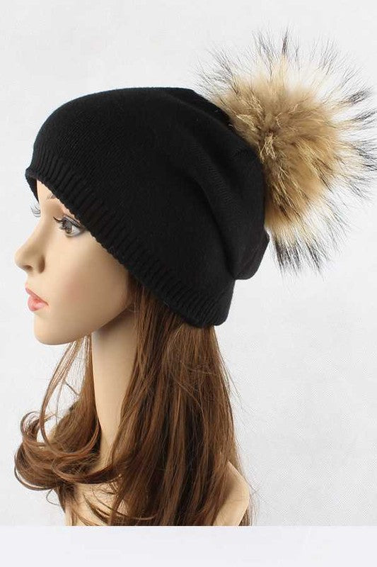 Wol-Cashmere Muts met Afneembare Bont Pompon
