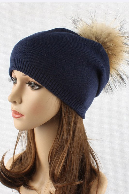 Wol-Cashmere Muts met Afneembare Bont Pompon