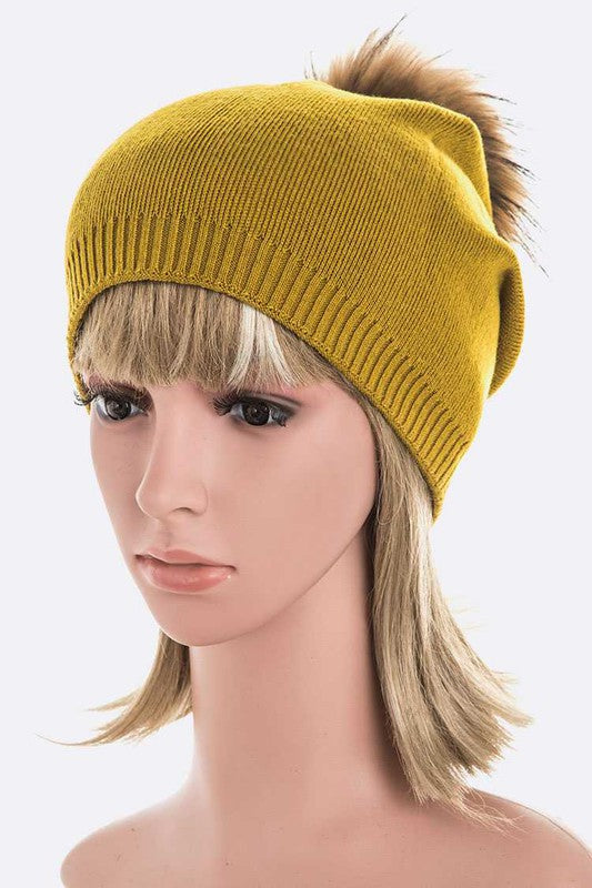 Wol-Cashmere Muts met Afneembare Bont Pompon