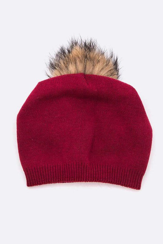 Wol-Cashmere Muts met Afneembare Bont Pompon