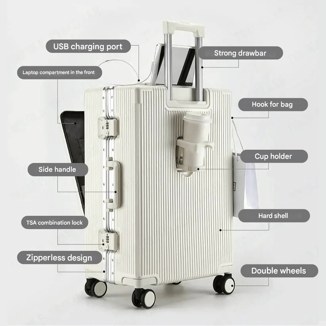 Slimme Handbagage Koffer – Harde Trolley met 360° Wieltjes & Extra Opbergvakken