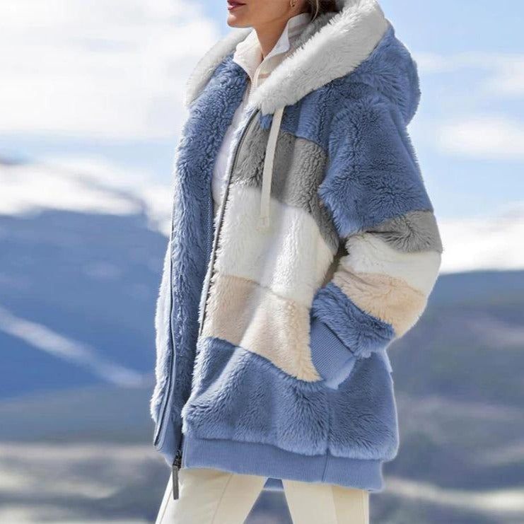 Dames Teddy Jas met Strepen – Warme Zachte Winterjas met Capuchon