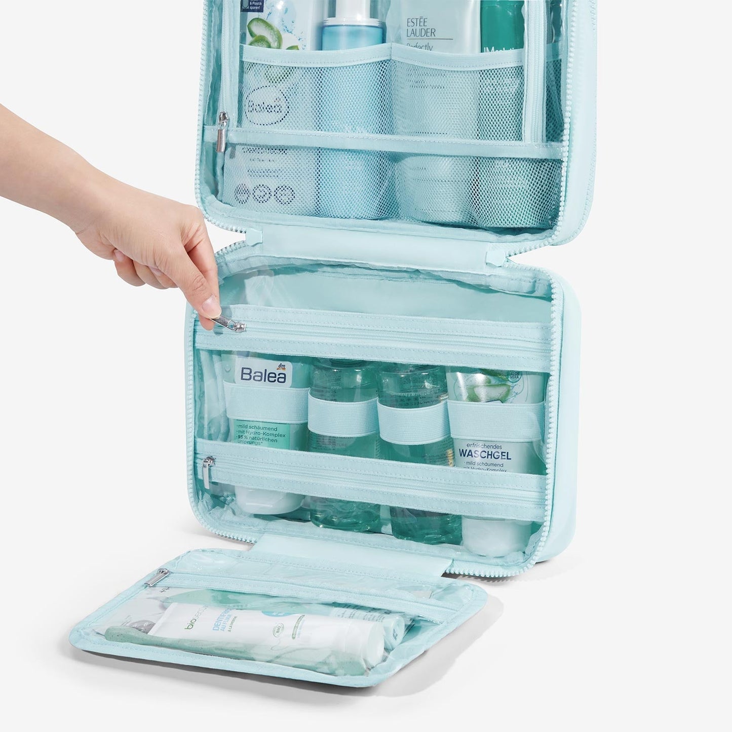 Lichtroze Hangende Toilettas met Gewatteerd Design – Organizer met Transparante Vakken & Haak
