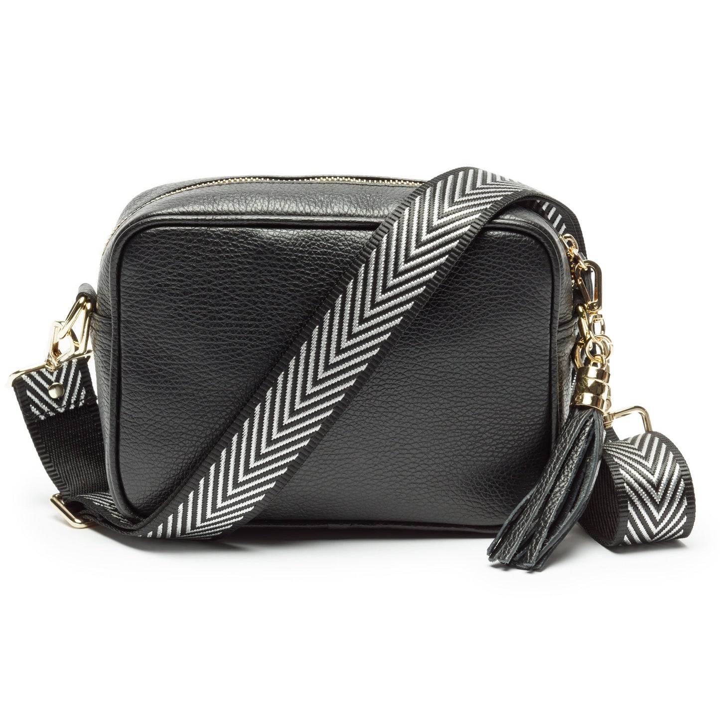 Crossbody Tas Dames – Zwart PU Leer met Brede Zwart-Witte Schouderband – Trendy & Elegant