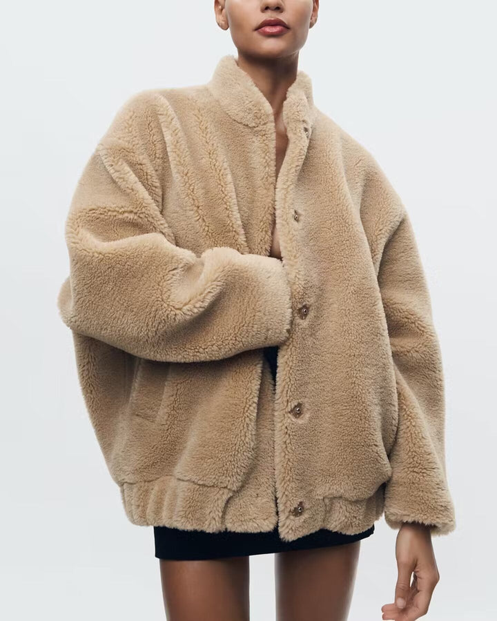Dames Teddy Bomber Jas – Beige Winterjas van Zachte Fleece