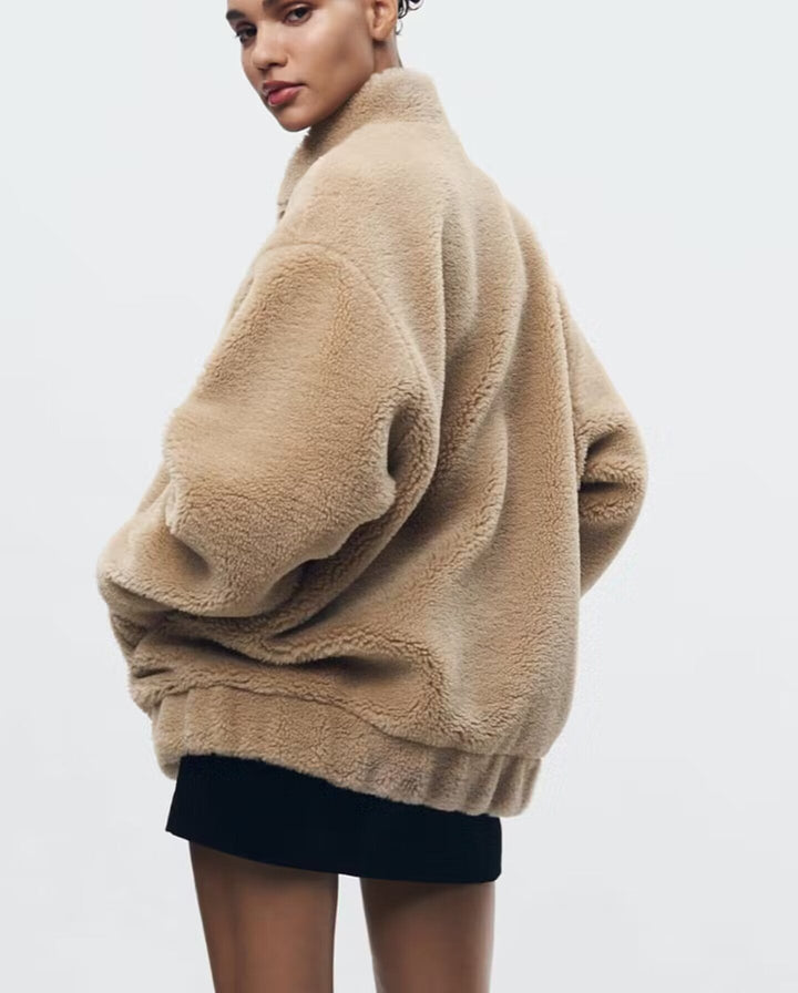Dames Teddy Bomber Jas – Beige Winterjas van Zachte Fleece