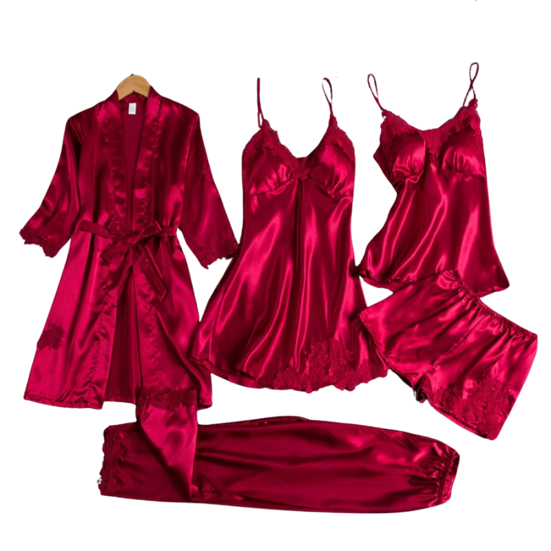 Dames Pyjamaset 5-delig – Satijnen Nachtkleding met Badjas, Top, Shorts & Lange Broek