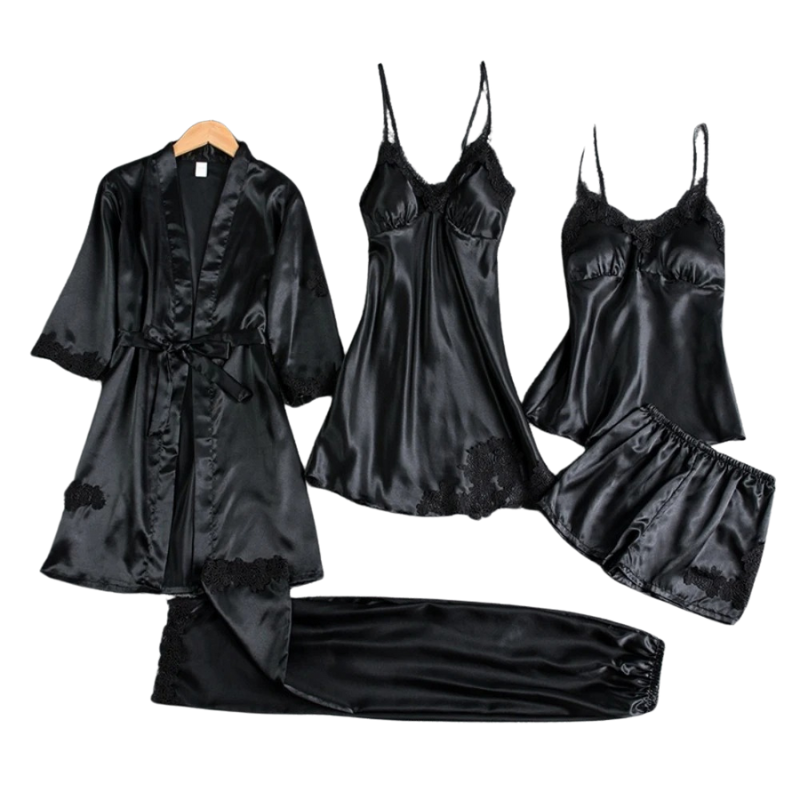 Dames Pyjamaset 5-delig – Satijnen Nachtkleding met Badjas, Top, Shorts & Lange Broek