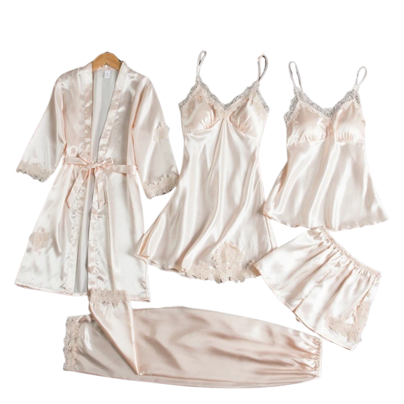 Dames Pyjamaset 5-delig – Satijnen Nachtkleding met Badjas, Top, Shorts & Lange Broek