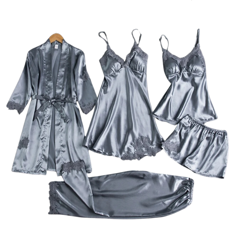 Dames Pyjamaset 5-delig – Satijnen Nachtkleding met Badjas, Top, Shorts & Lange Broek