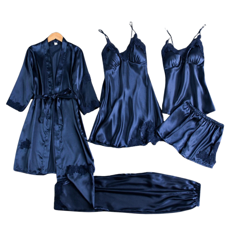 Dames Pyjamaset 5-delig – Satijnen Nachtkleding met Badjas, Top, Shorts & Lange Broek