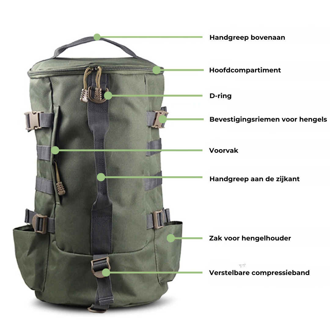 Visrugzak met Hengelhouders – Ruim, Duurzaam & Waterafstotend