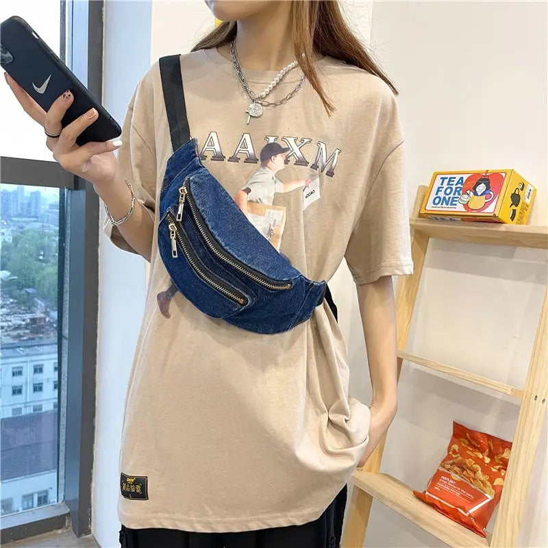 Trendy Denim Heuptas – Casual Crossbody Schoudertas met Ritsvakken