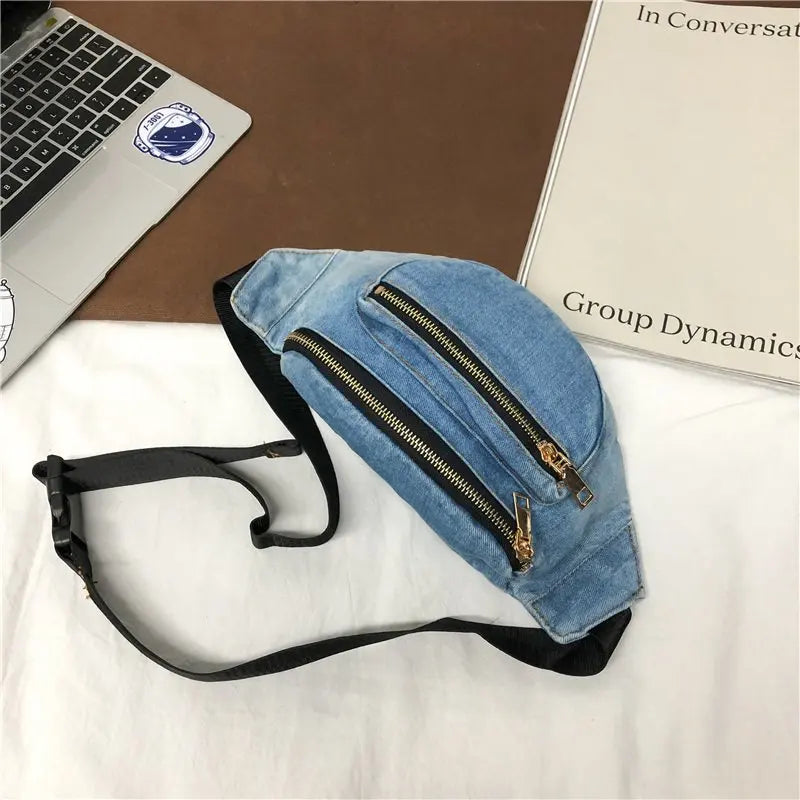 Trendy Denim Heuptas – Casual Crossbody Schoudertas met Ritsvakken