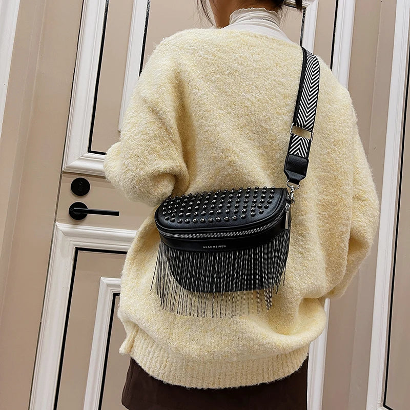 Trendy Crossbody Tas met Franjes – Fashion Schoudertas met Ritssluiting
