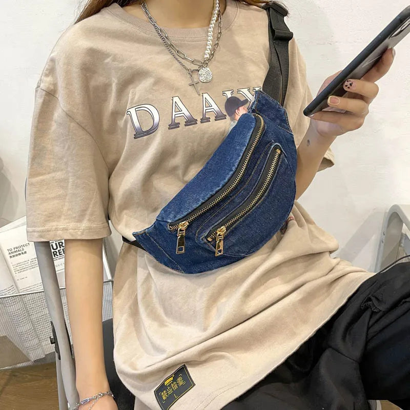 Trendy Denim Heuptas – Casual Crossbody Schoudertas met Ritsvakken