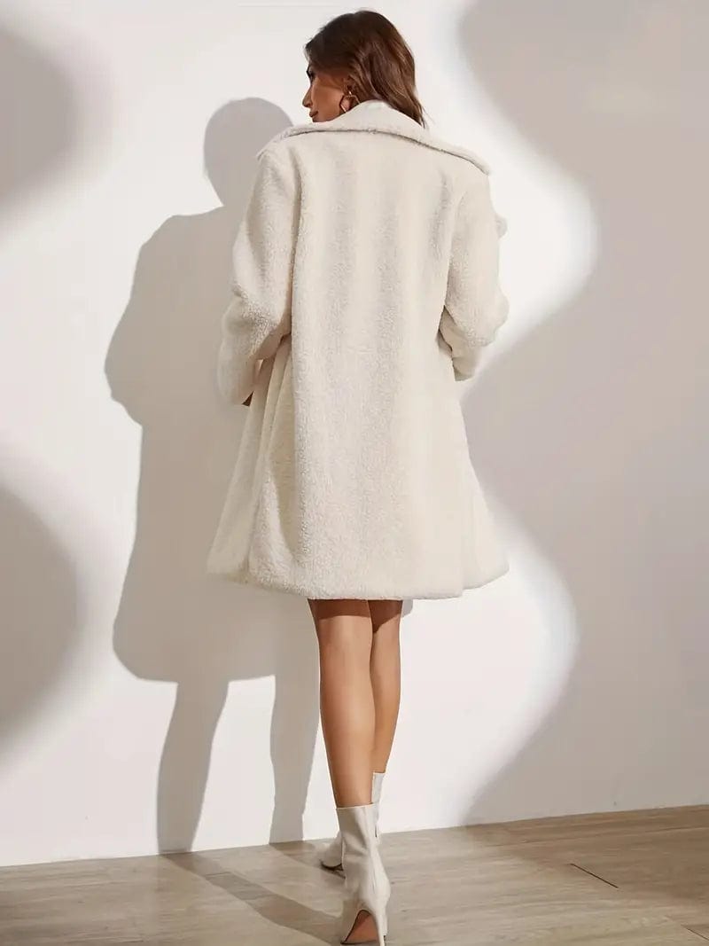 Elegante Witte Teddy Jas Dames – Lange Winterjas met Kraag