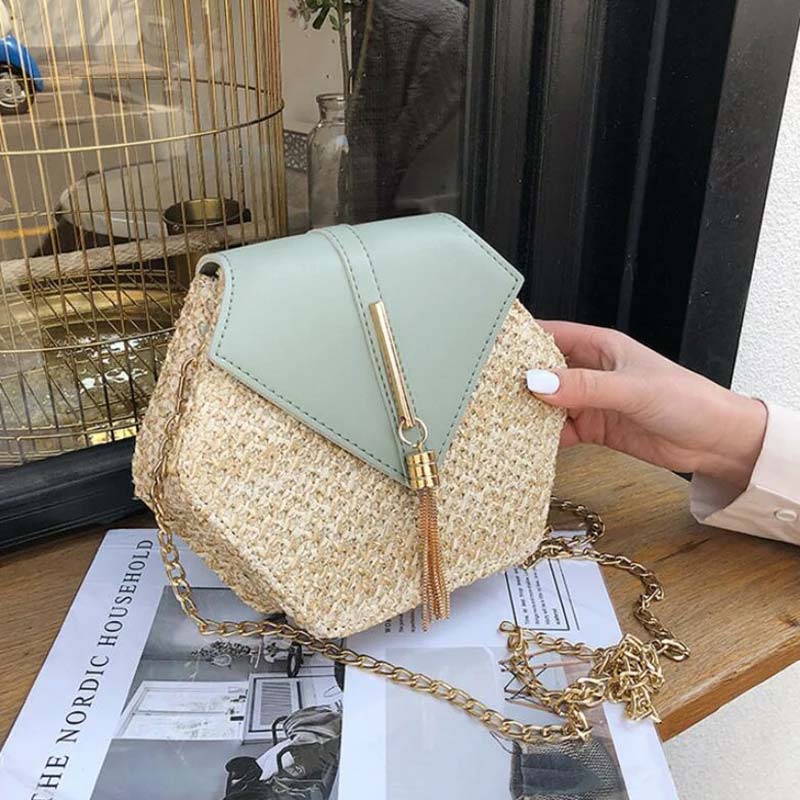 Dames Schoudertas van Riet met Leren Accent – Zomers, Licht & Elegant