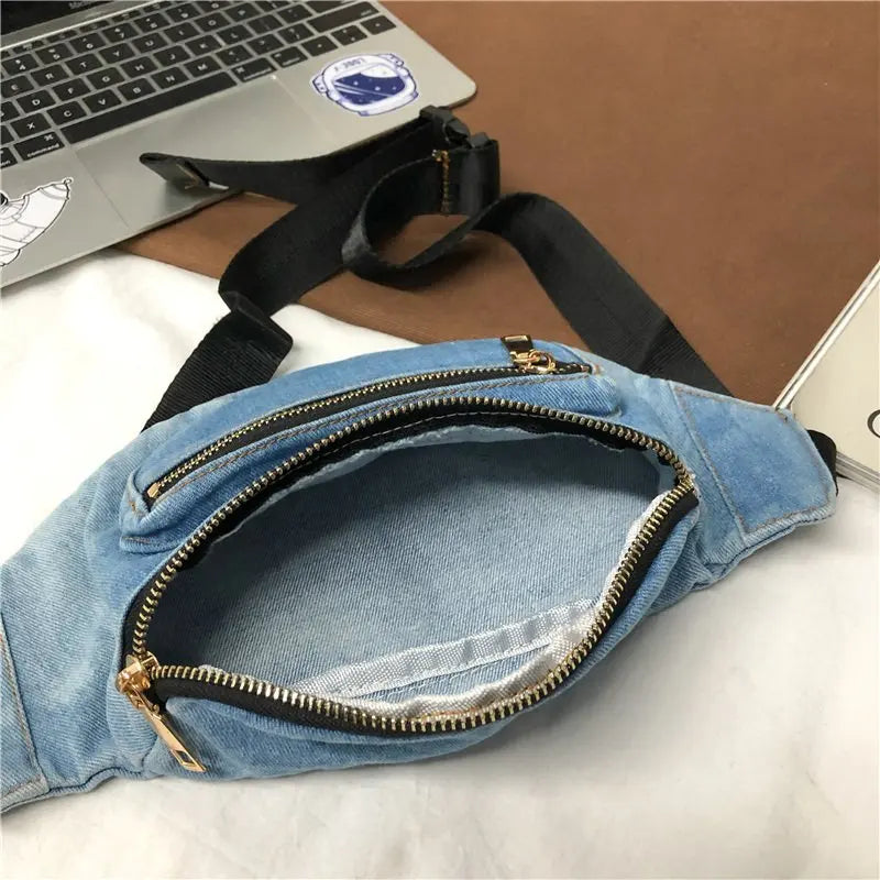 Trendy Denim Heuptas – Casual Crossbody Schoudertas met Ritsvakken