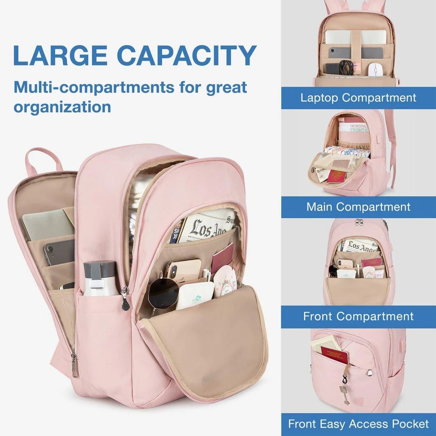 Luxe Roze Rugzak – Waterafstotende Laptop & Schooltas met USB-aansluiting