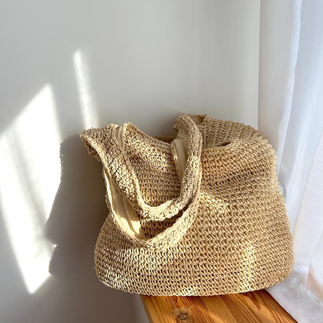 Bohemian Strandtas – Grote Rieten Shopper met Rits, Duurzaam Geweven