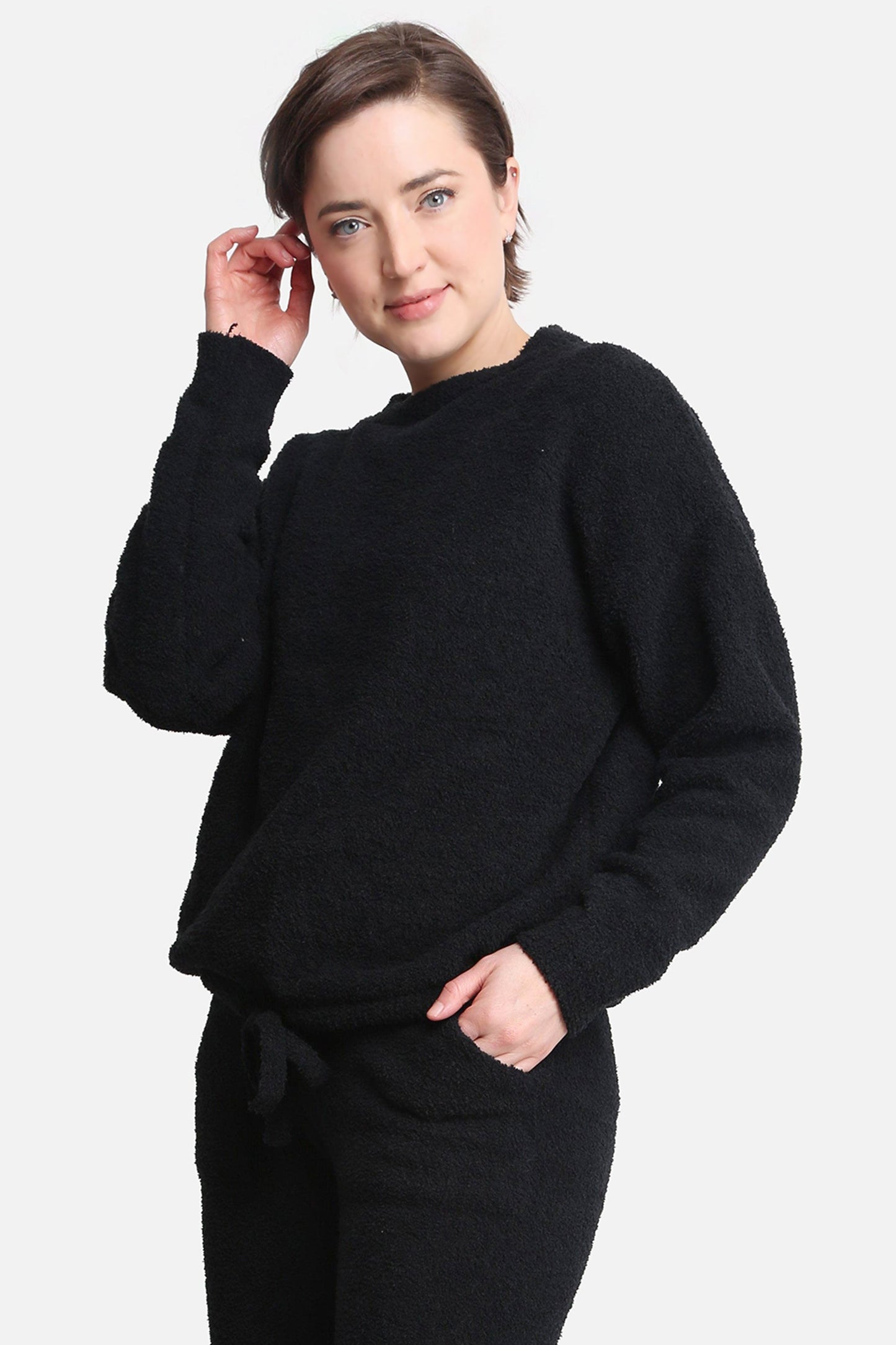 Loungewear Sweater Dames – Zachte Trui met Trekkoord in Beige & Zwart