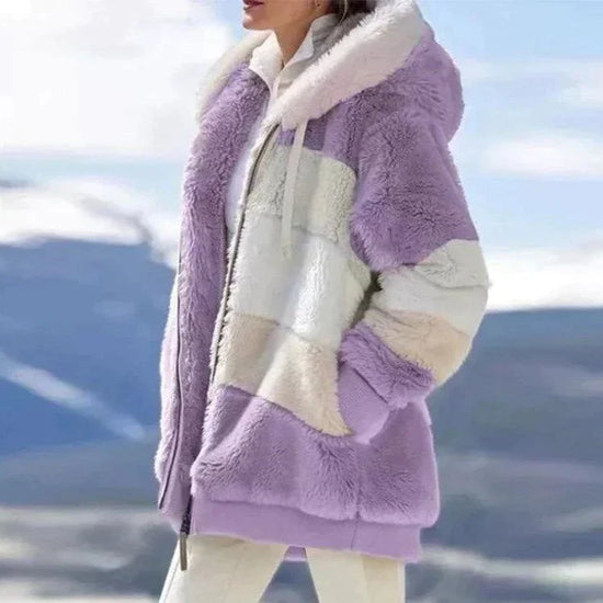 Dames Teddy Jas met Strepen – Warme Zachte Winterjas met Capuchon