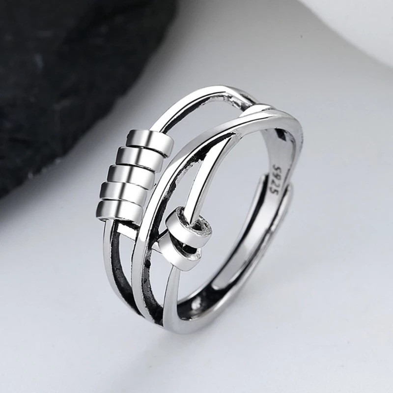 Anti-Stress Ring Dames & Heren – Zilveren RVS Fidget Ring met Roterende Kralen