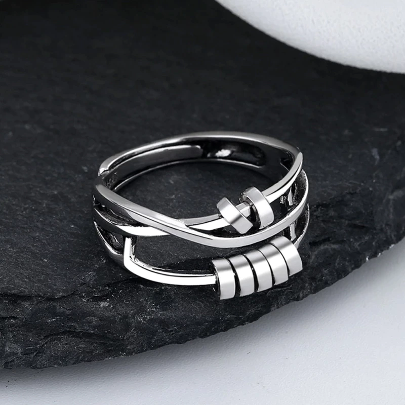 Anti-Stress Ring Dames & Heren – Zilveren RVS Fidget Ring met Roterende Kralen