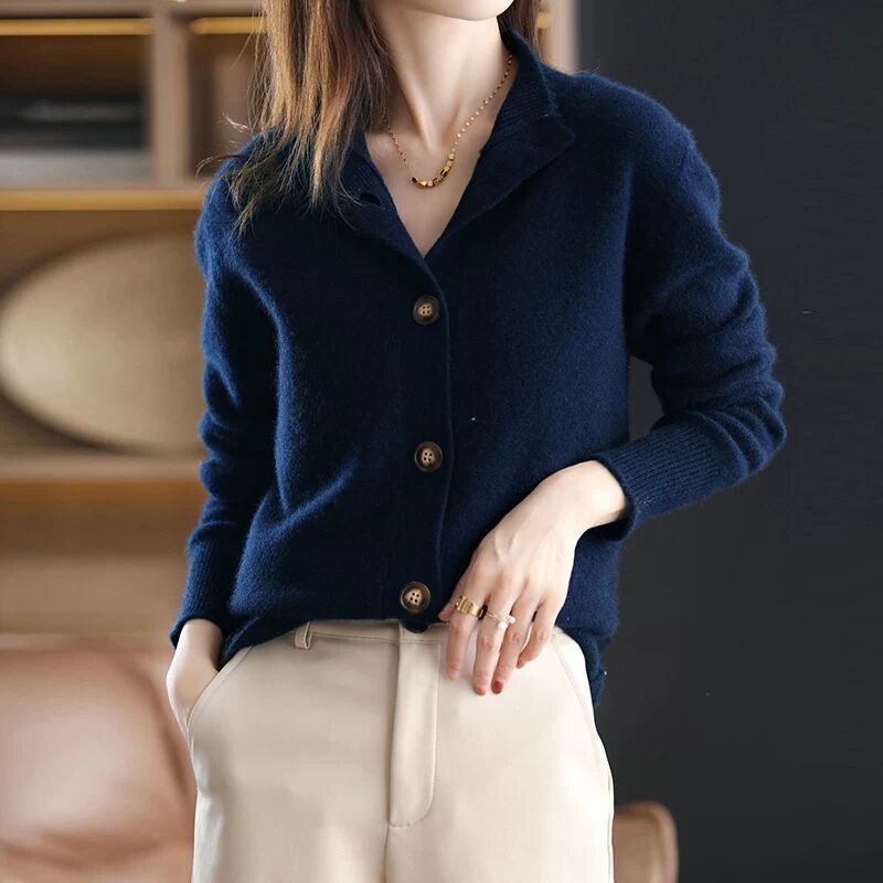 Dames Cardigan met Grote Knopen – Zachte Gebreide V-hals Trui