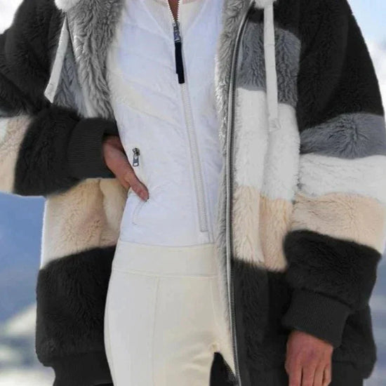 Dames Teddy Jas met Strepen – Warme Zachte Winterjas met Capuchon