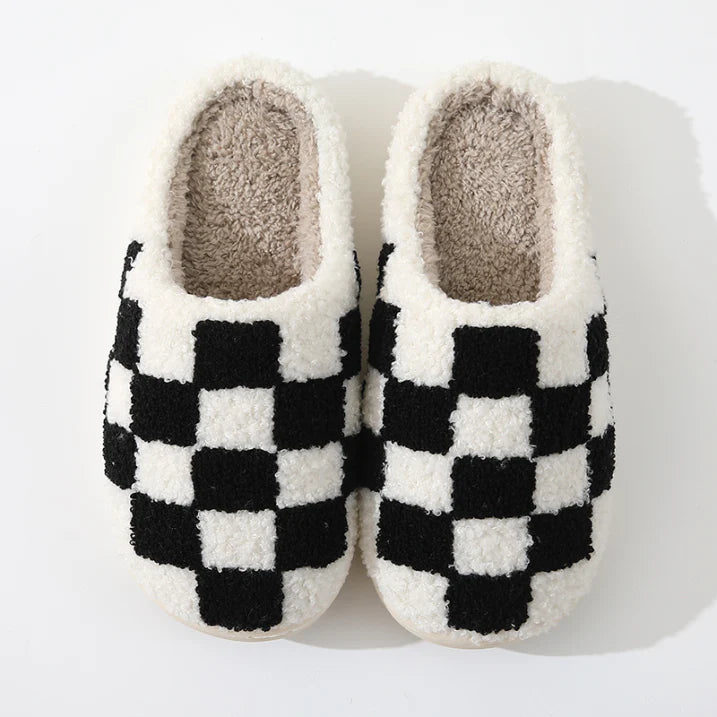 Unisex Geblokte Pantoffels – Warme & Antislip Huisschoenen met Schaakbordpatroon