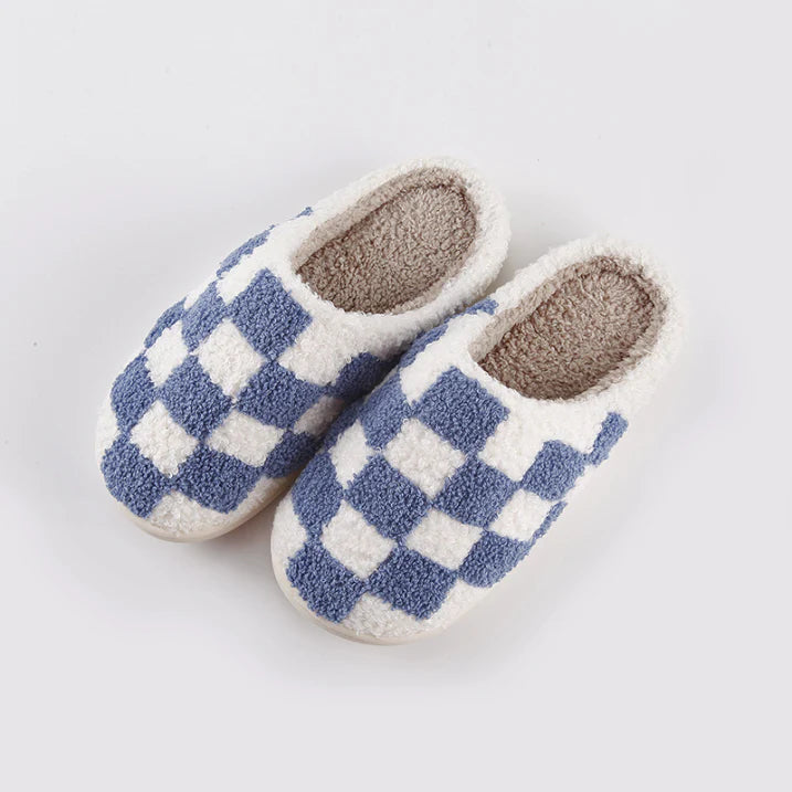 Unisex Geblokte Pantoffels – Warme & Antislip Huisschoenen met Schaakbordpatroon
